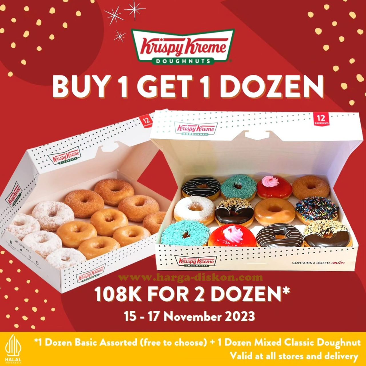 Krispy Kreme Promo, Buy One Get One Free, Promo Krispy Kreme November 2023, Gratis Satu Lusin, Promo Donut Krispy Kreme, 17 November 2023, Beli 1 Gratis 1 Krispy Kreme, Special Offer Krispy Kreme, Doughnut Promo Krispy Kreme, Krispy Kreme November Deals