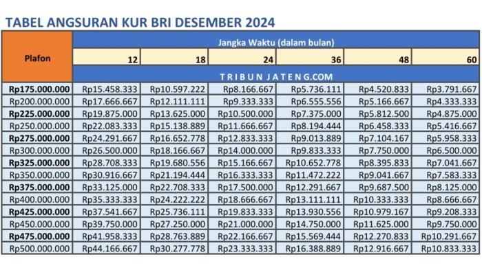 3. tabel angsuran pinjaman kur bri Desember 2024 Rp 175 Juta- 500 Juta